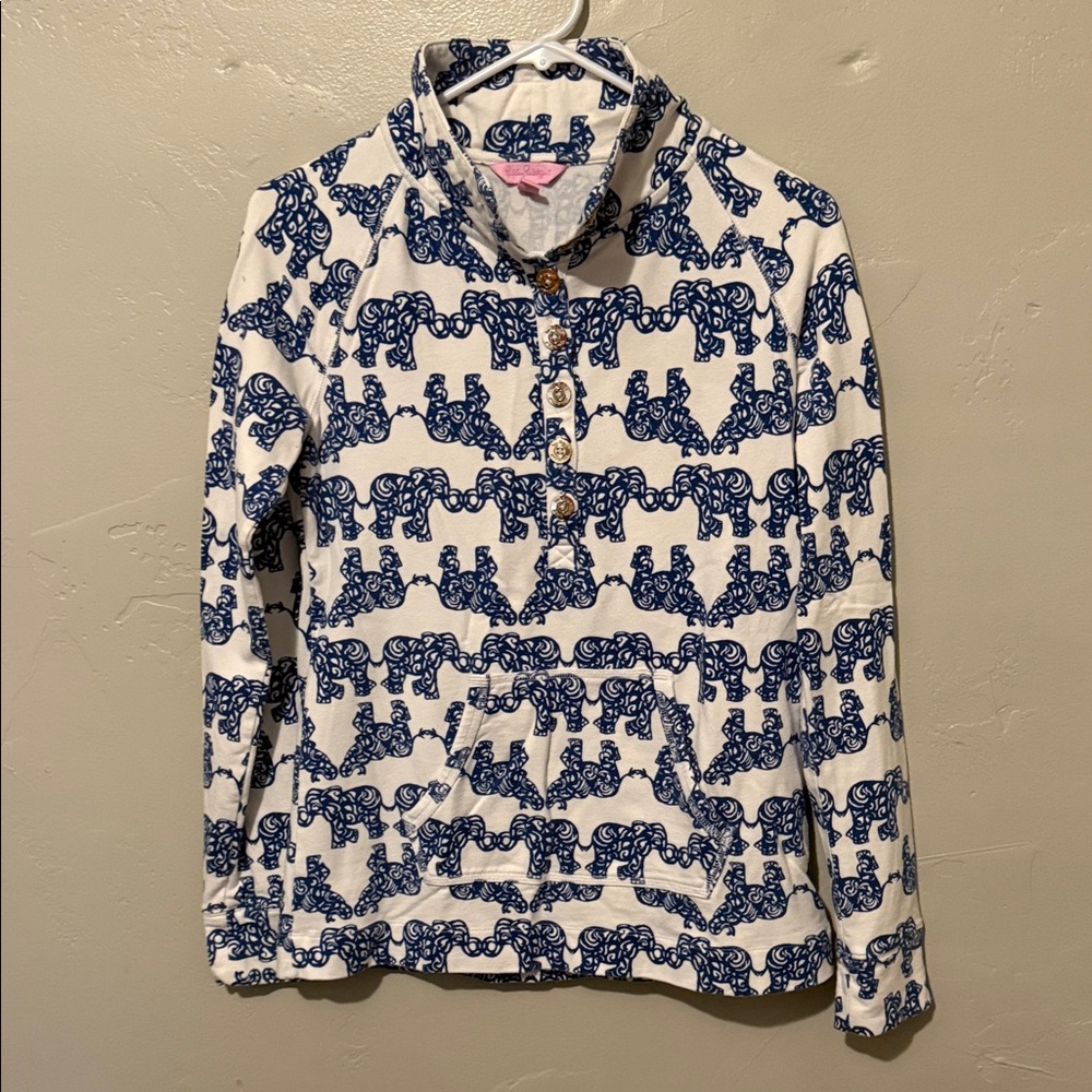 Lilly Pulitzer Blue and White Elephant Print Quarter Button up Jacket Small